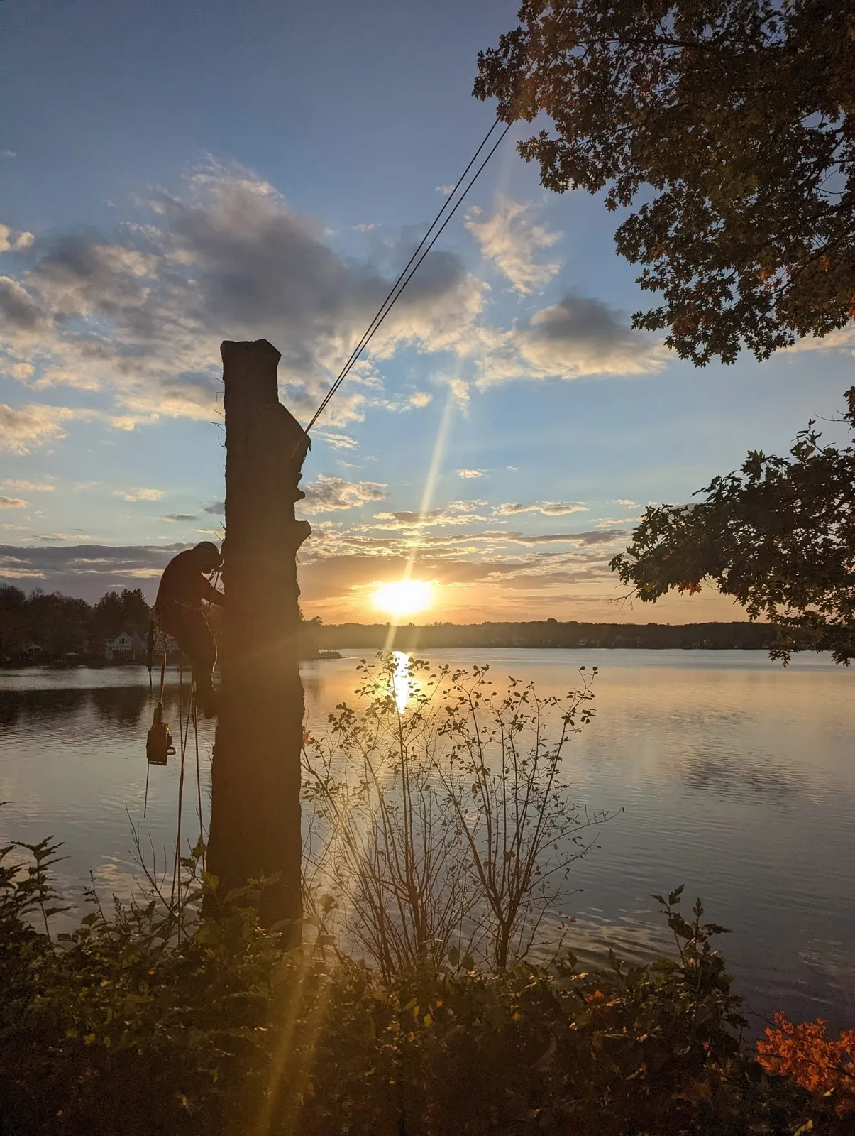 A climber taking down a tall trunk in sections beside a lake at sunset